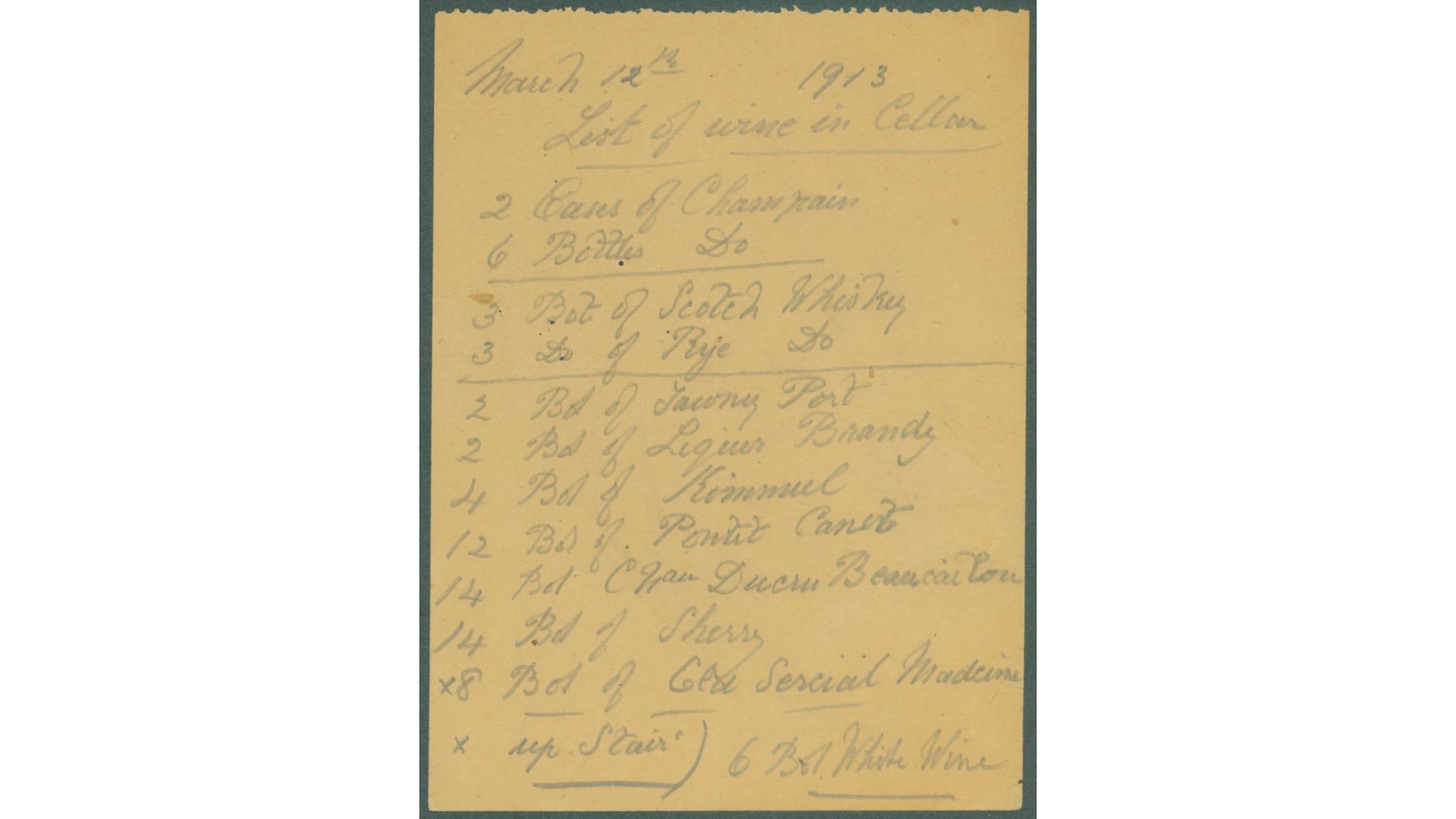 Archival list of wines in Biltmore's wine cellar