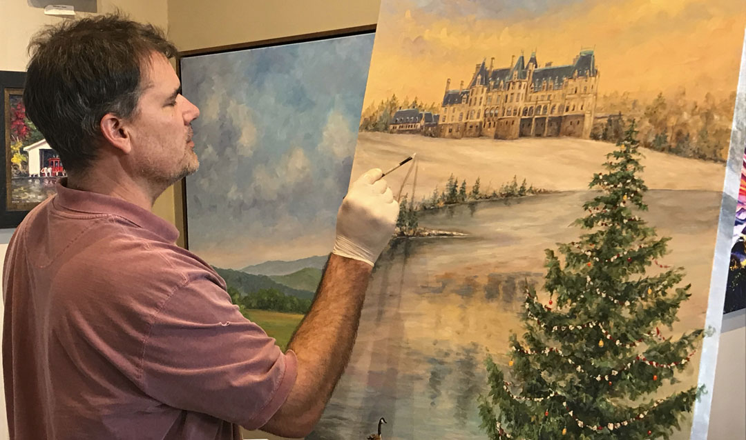 Asheville artist Jeff Pitman painting the 2019 Biltmore Christmas Wine label